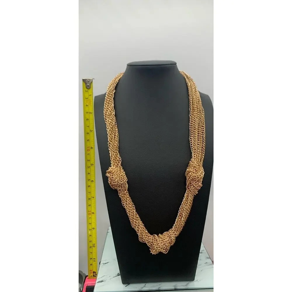Gold Tone Mesh Chain Link 3 knot Multi Strand necklace Chunky Statement